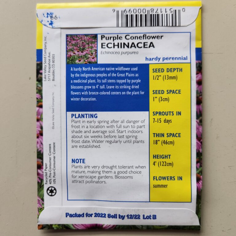 Backside of an echinacea seed packet with sowing and growing information.