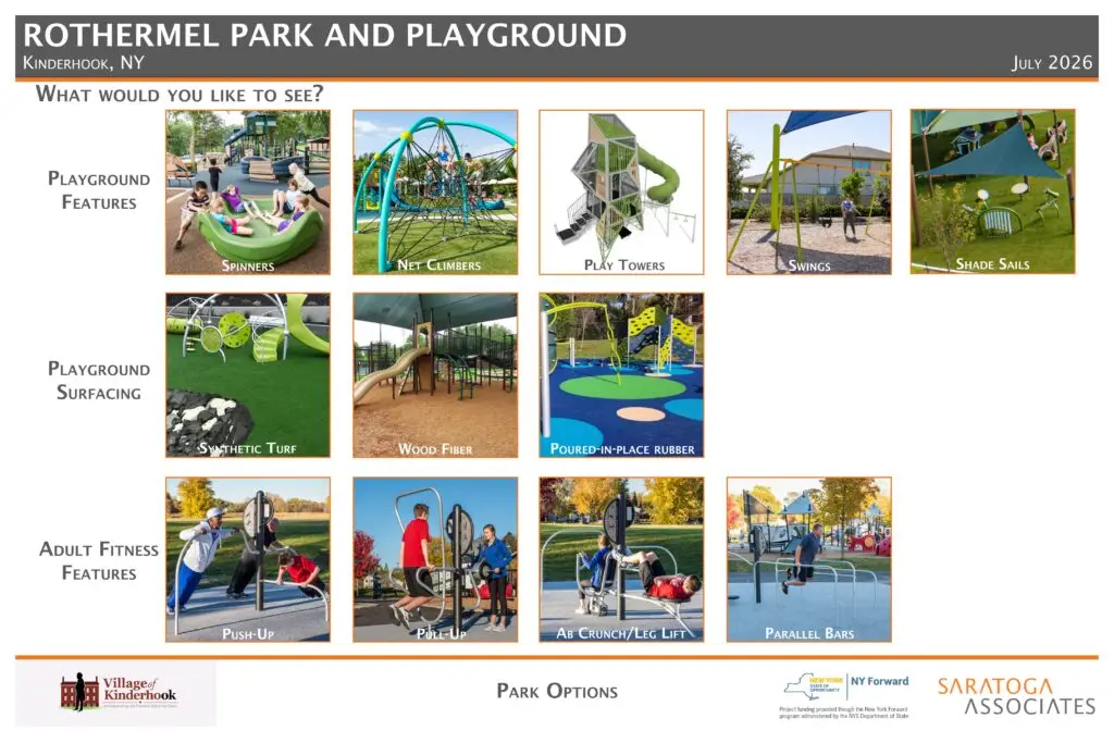 A sheet showing inspiration images for play equipment types, playground surfacing, and adult fitness equipment.