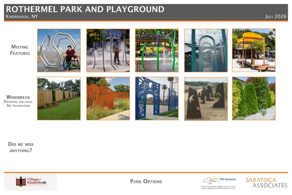 A sheet with different options for misting stations and both vegetated and metal art panels as windbreak options.