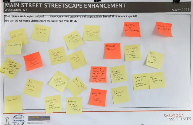 A poster board with orange and yellow sticky notes of comments from Homecoming attendees.